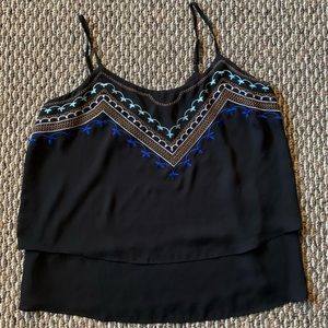 Black layered tank top with embroidered detailing